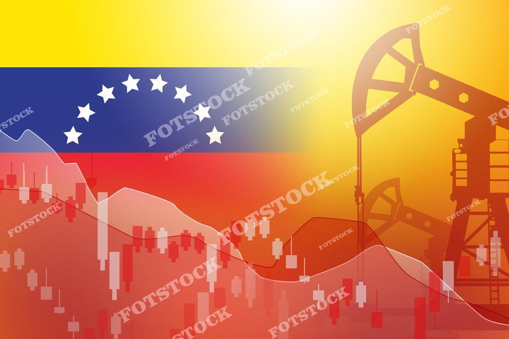 На изображении флаг Венесуэлы сочетается с силуэтами нефтяных качалок и графиками, символизирующими экономическую зависимость от нефти. Нисходящий тренд иллюстрирует снижение показателей добычи и влияния нефтяного рынка на страну. Фотография отражает экономическую и политическую ситуацию в Венесуэле.